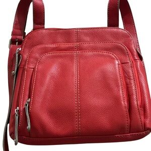 Tignanello Red Leather Organizer Crossbody Bag Pebbled Multi-Pocket Purse
